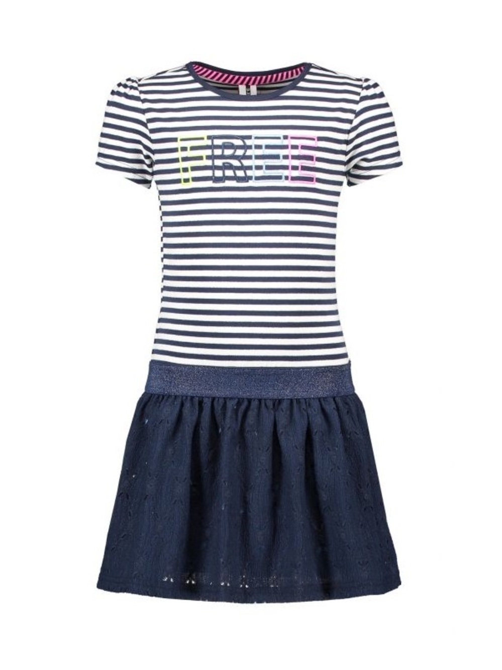 Girls Navy Stripe Knit Dress with 'FREE' Lettering